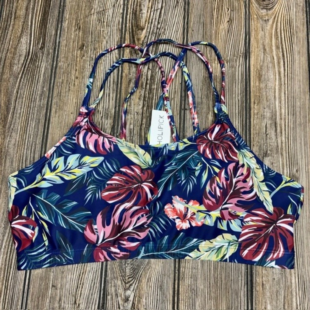 Holipick Womens Tropical Floral High Neck Strappy Back Bikini Swim Top L NEW